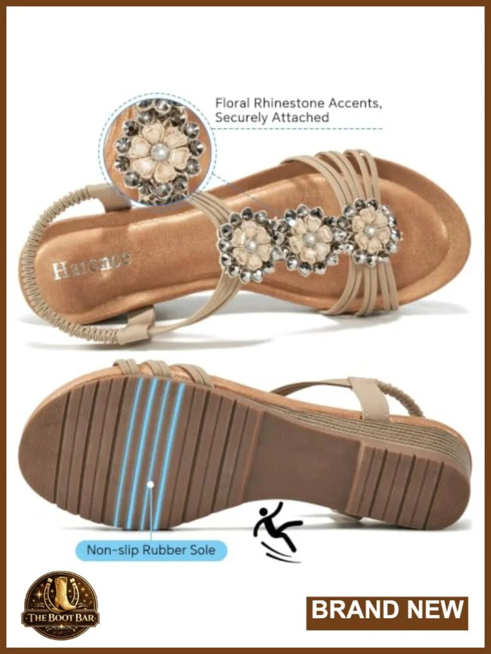 Wedge Sandals with Rhinestone Floral Strap & Elastic Slingback 1.88